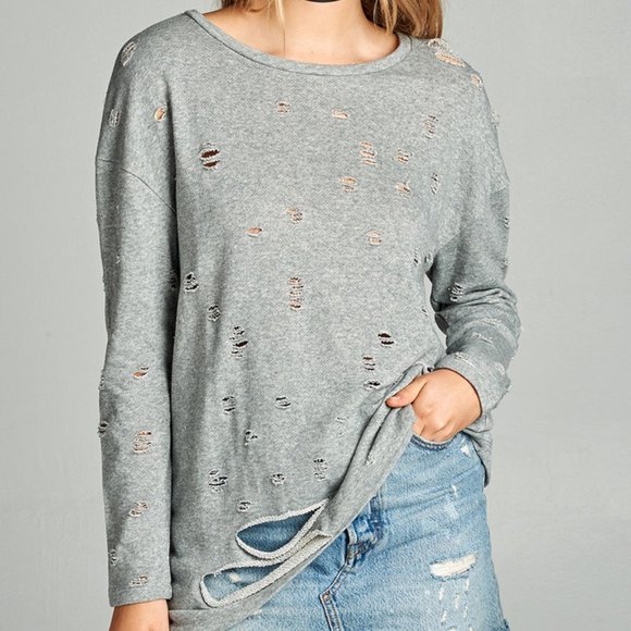 Heather Grey Distressed Ripped Sweater - Picture 1 of 3